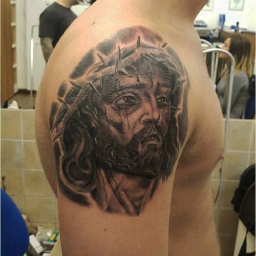 Jesus tattoo tatovering black and grey